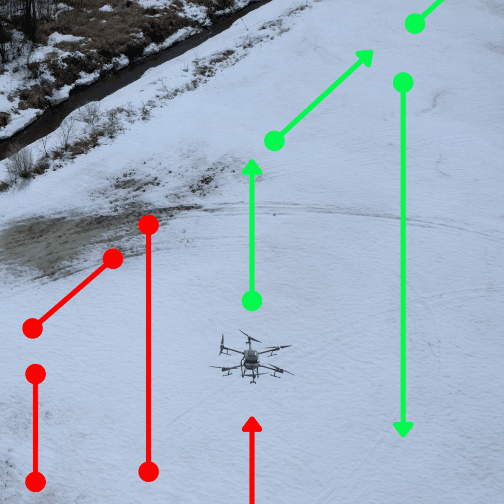 Photo shows drone flight path when frost seeding an alfalfa field with a drone